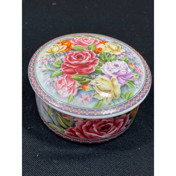 Vintage Lefton Porcelain Lidded Trinket Dish Or Powder Pot Floral Painted - Picture 1 of 10